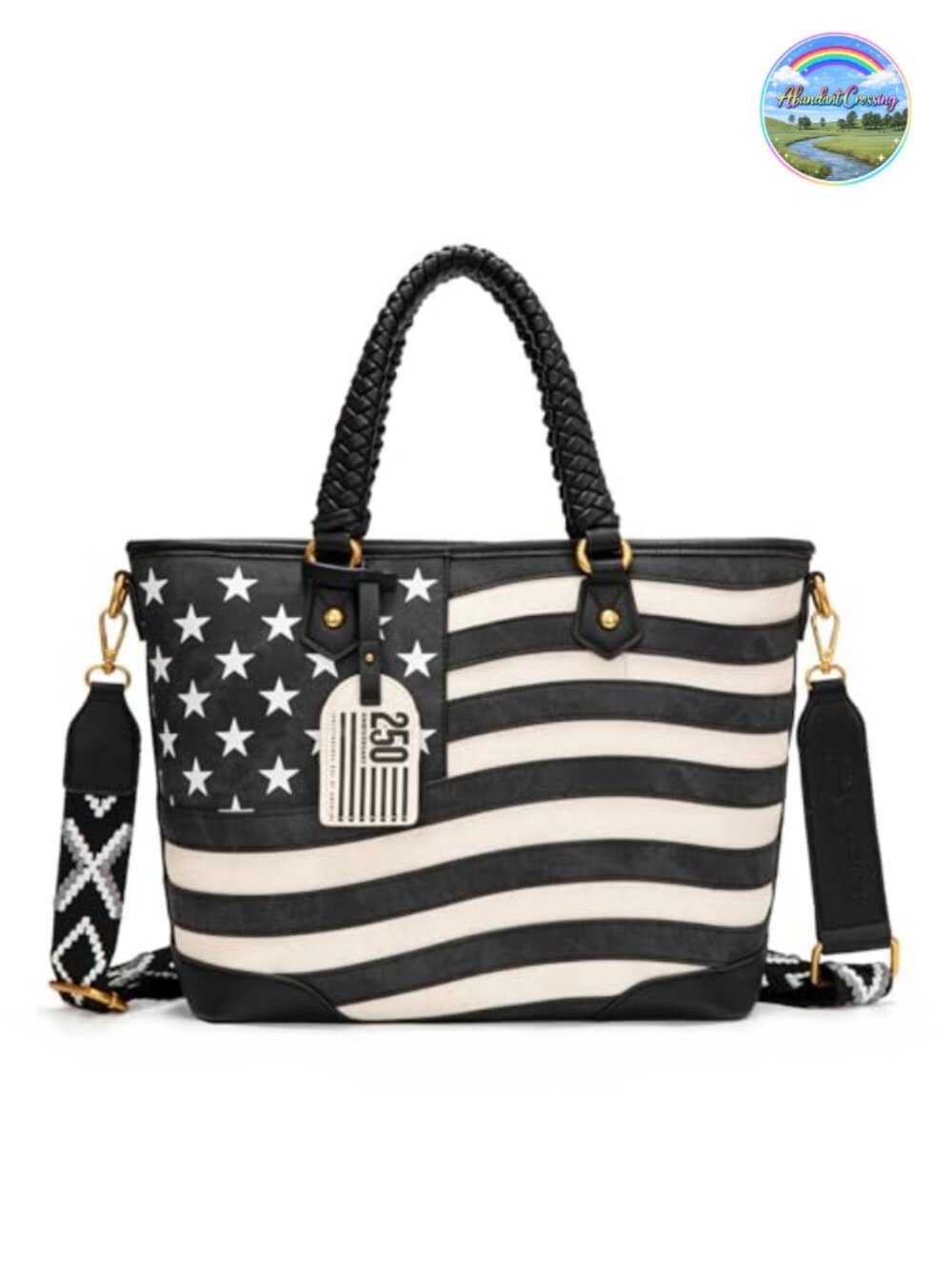 Vintage Patriotic Western Tote Bag with Braided Top Handles Faux Leather